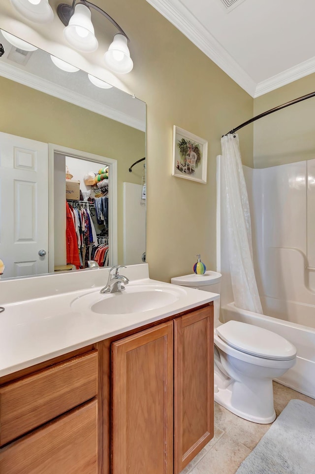 bathroom with shower / bath combo, tile patterned floors, vanity, toilet, and ornamental molding