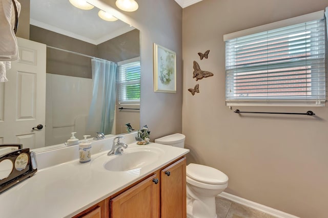 bathroom featuring tile patterned flooring, vanity, toilet, curtained shower, and ornamental molding