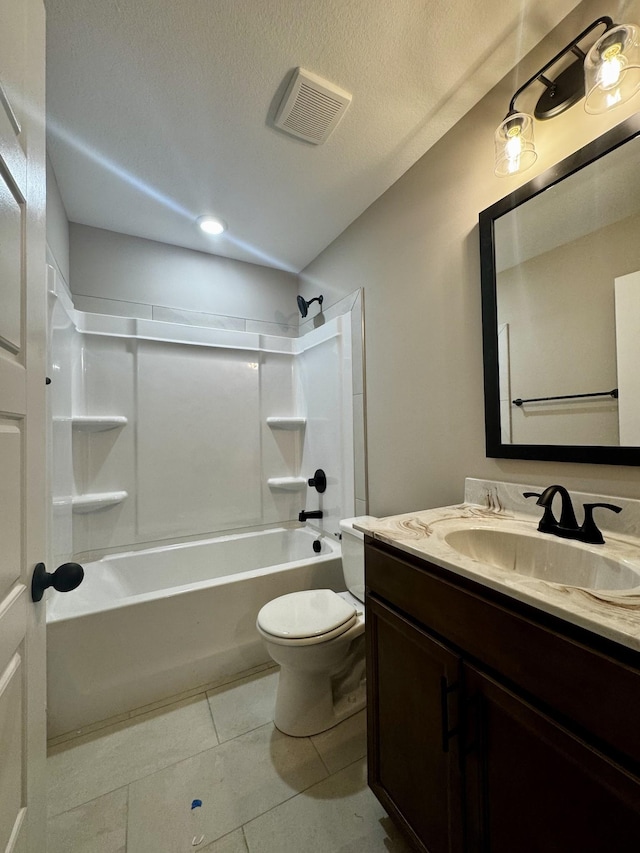 bathroom featuring vanity, toilet, tile patterned floors, shower / bath combination, and visible vents