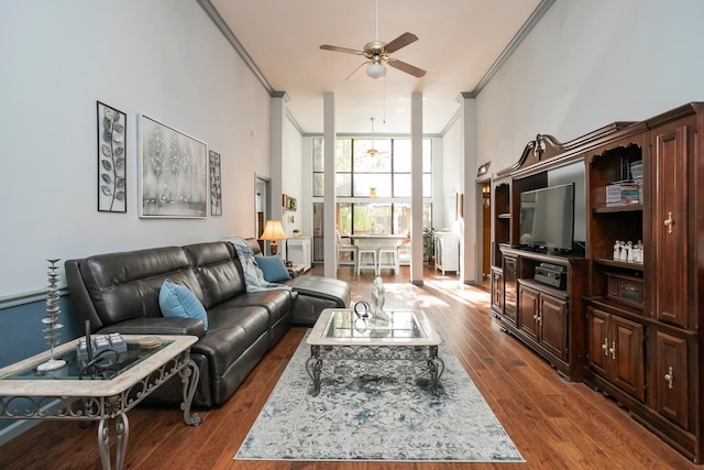 living area featuring a ceiling fan, a high ceiling, dark wood finished floors, and ornamental molding