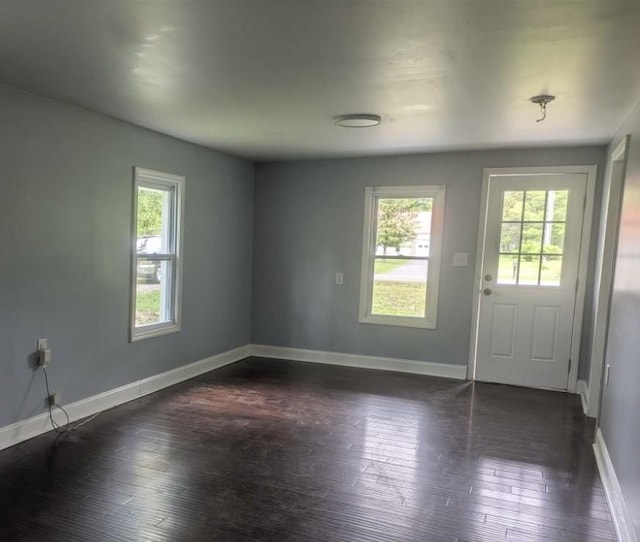 entryway with plenty of natural light, baseboards, and dark wood-type flooring