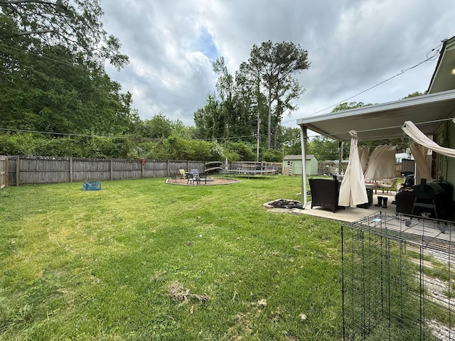 view of yard featuring a fenced backyard, a patio area, and a storage shed