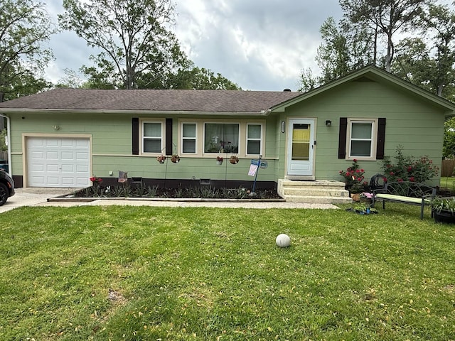 ranch-style house with an attached garage, a front lawn, crawl space, and concrete driveway