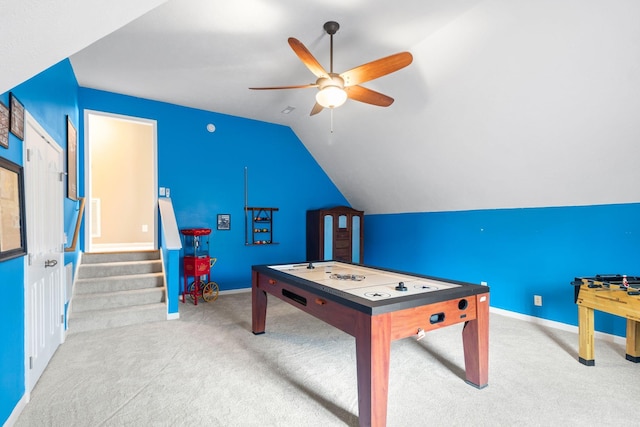 playroom with baseboards, a ceiling fan, carpet, and vaulted ceiling