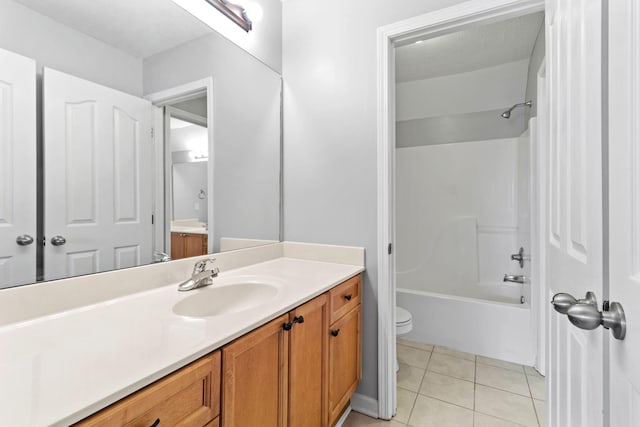 full bathroom featuring toilet, tile patterned floors, bathing tub / shower combination, and vanity