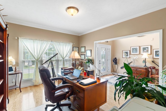 office space featuring ornamental molding and wood finished floors