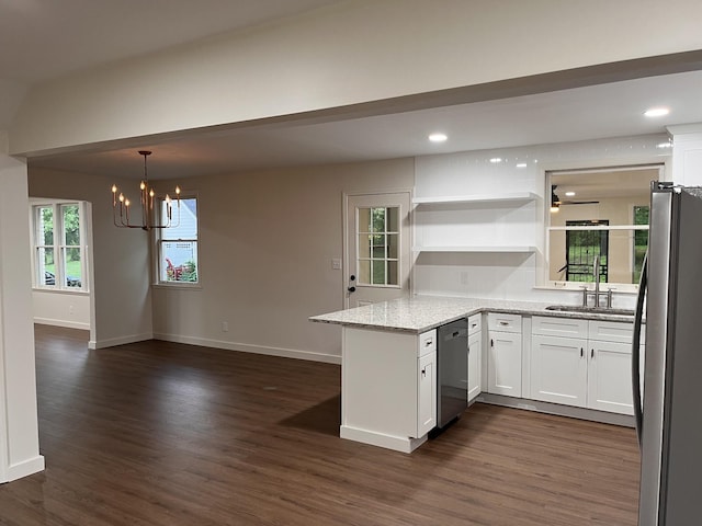 361 Binkley Dr, Nashville, TN 37211 - kitchen with appliances with stainless steel finishes, a chandelier, a sink, a peninsula, and dark wood finished floors