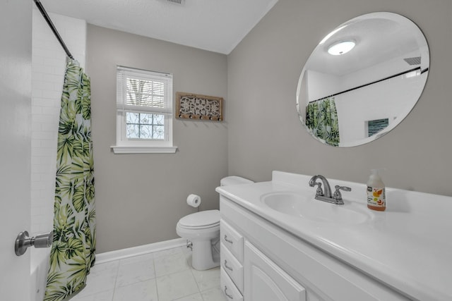 1204 Wood Pines Ln, Hixson, TN 37343 - bathroom with toilet, baseboards, vanity, a shower with curtain, and marble look tiles