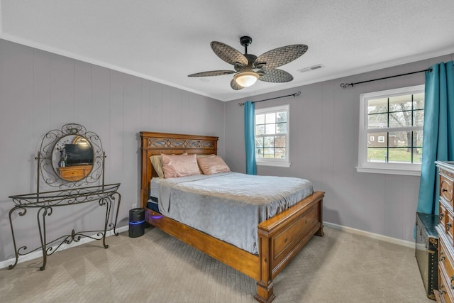 1204 Wood Pines Ln, Hixson, TN 37343 - bedroom with light carpet, crown molding, baseboards, ceiling fan, and a textured ceiling