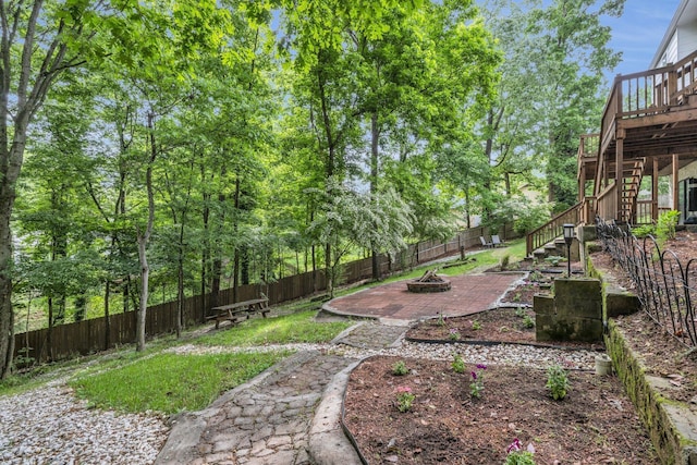 1204 Wood Pines Ln, Hixson, TN 37343 - fenced backyard featuring an outdoor fire pit, stairs, and a wooden deck