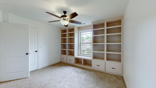mudroom featuring visible vents, baseboards, ceiling fan, and carpet floors