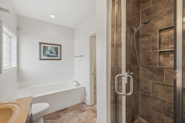 full bathroom featuring vanity, toilet, recessed lighting, a bath, and a shower stall
