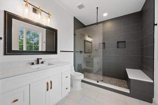 full bathroom with toilet, walk in shower, vanity, and recessed lighting