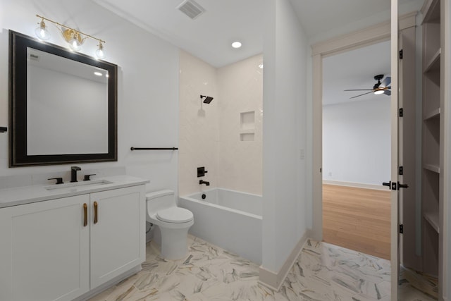 full bathroom with toilet, ceiling fan, marble look tile flooring, vanity, and recessed lighting