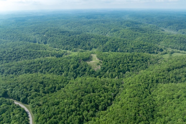 drone / aerial view with a wooded view