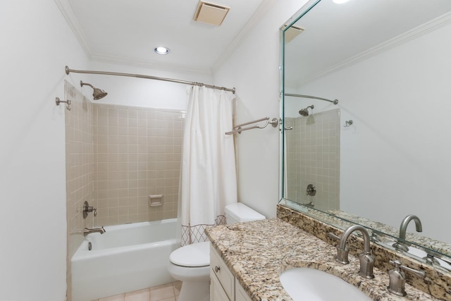 full bathroom with ornamental molding, toilet, and shower / bathtub combination with curtain