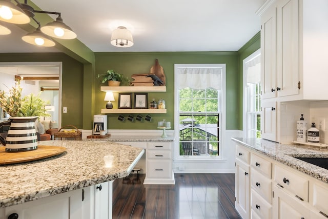716 S Summerfield Dr, Madison, TN 37115 - kitchen featuring white cabinetry, light stone counters, dark wood finished floors, a wainscoted wall, and decorative backsplash