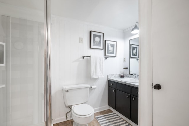 716 S Summerfield Dr, Madison, TN 37115 - bathroom featuring a shower stall, toilet, vanity, ornamental molding, and baseboards