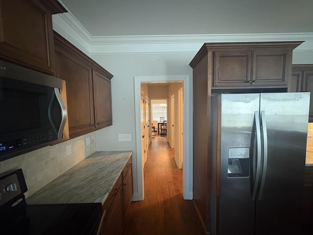 1254 Charleston Blvd, Murfreesboro, TN 37130 - kitchen featuring stainless steel refrigerator with ice dispenser, black electric range, dark wood-style floors, decorative backsplash, and dark brown cabinetry