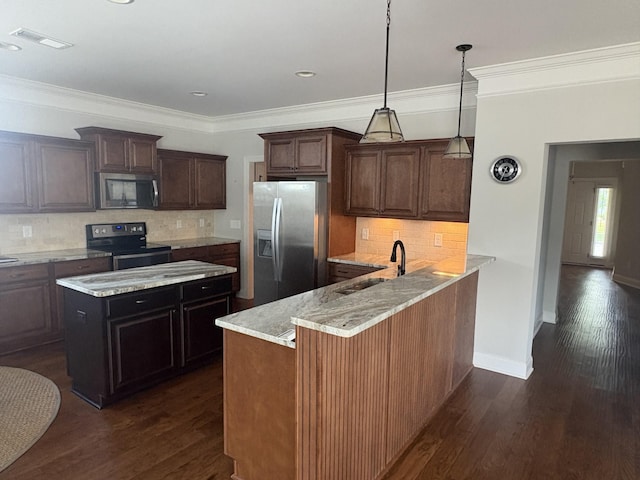 1254 Charleston Blvd, Murfreesboro, TN 37130 - kitchen with appliances with stainless steel finishes, a sink, light stone counters, dark wood-style floors, and decorative backsplash