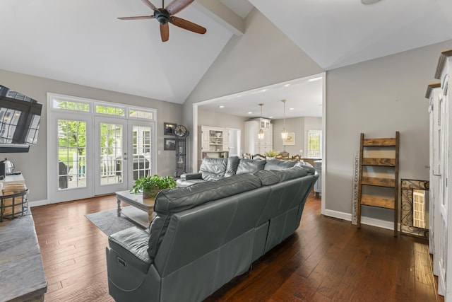 living room with ceiling fan, french doors, high vaulted ceiling, beamed ceiling, and dark wood-style floors