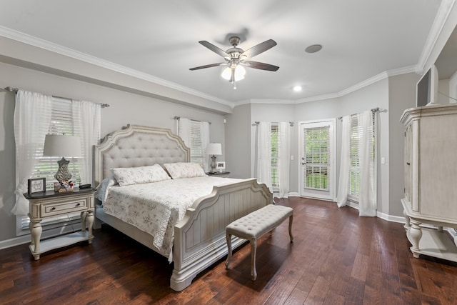 bedroom featuring baseboards, ornamental molding, hardwood / wood-style floors, and access to exterior