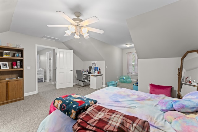 bedroom featuring a ceiling fan, vaulted ceiling, and carpet