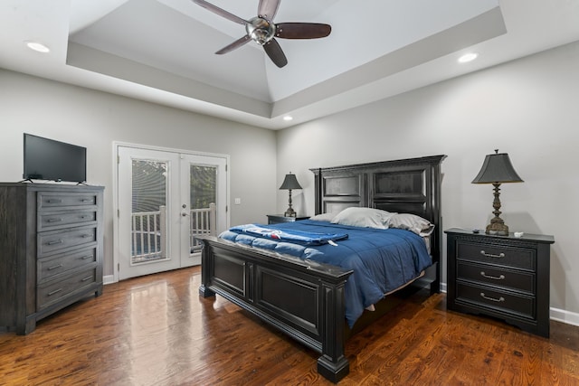 bedroom featuring access to exterior, french doors, recessed lighting, a ceiling fan, and dark wood-style floors