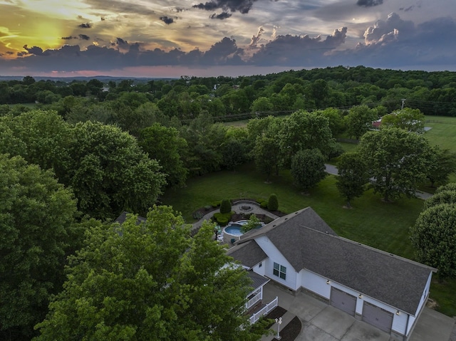 aerial view at dusk featuring a view of trees