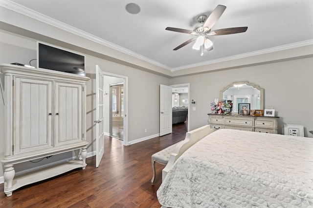 bedroom with baseboards, ornamental molding, a ceiling fan, and dark wood-type flooring