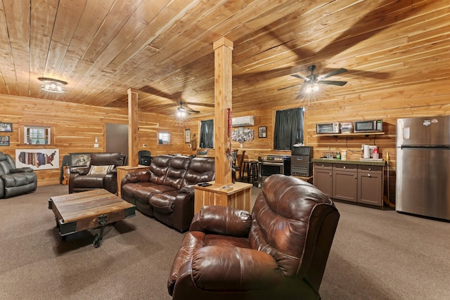 living area with wooden walls, ceiling fan, light colored carpet, wooden ceiling, and a wall mounted AC