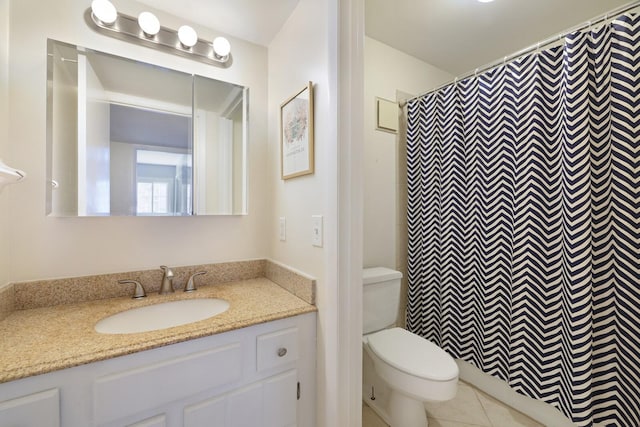 full bath with vanity, tile patterned flooring, a shower with curtain, and toilet
