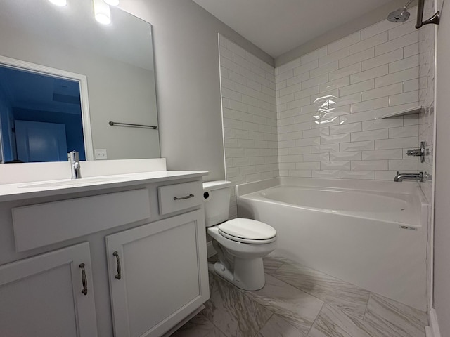 bathroom featuring toilet, shower / tub combination, marble finish floor, and vanity