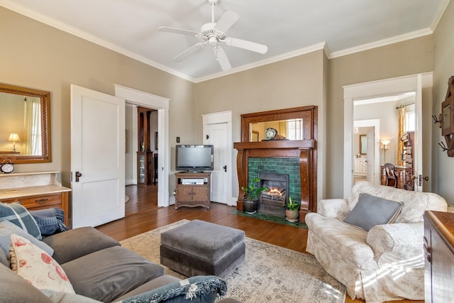 living area with ornamental molding, ceiling fan, wood finished floors, and a fireplace