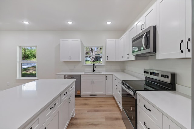 kitchen featuring light countertops, appliances with stainless steel finishes, a wealth of natural light, and a sink