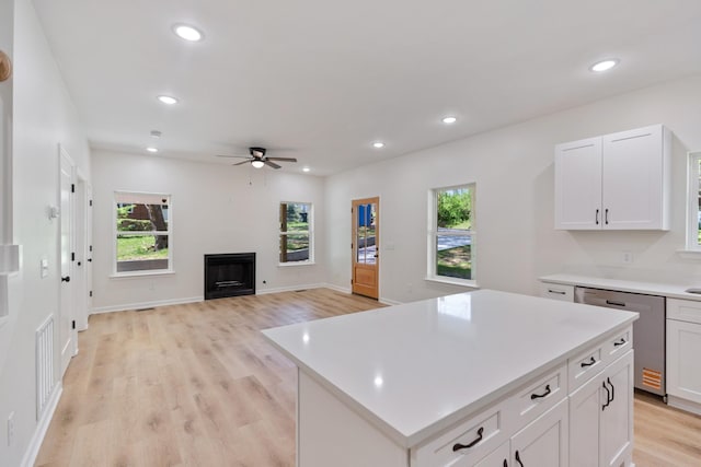 kitchen with stainless steel dishwasher, light countertops, plenty of natural light, and ceiling fan