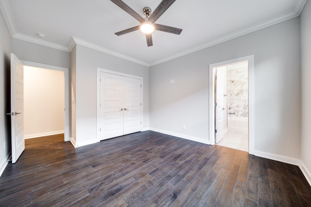 2509B Scovel St, Nashville, TN 37208 - unfurnished bedroom with a closet, ornamental molding, baseboards, ceiling fan, and dark wood finished floors