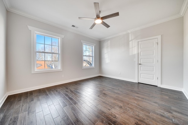 2509B Scovel St, Nashville, TN 37208 - spare room with ceiling fan, visible vents, crown molding, baseboards, and dark wood-type flooring