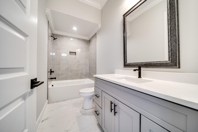 2509B Scovel St, Nashville, TN 37208 - bathroom featuring crown molding, vanity, marble finish floor, toilet, and baseboards
