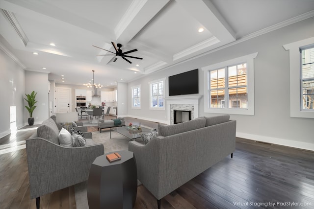 2509B Scovel St, Nashville, TN 37208 - living area with baseboards, a fireplace, coffered ceiling, and dark wood-style floors