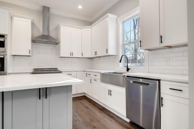 2509B Scovel St, Nashville, TN 37208 - kitchen with appliances with stainless steel finishes, a sink, white cabinets, ornamental molding, and wall chimney exhaust hood