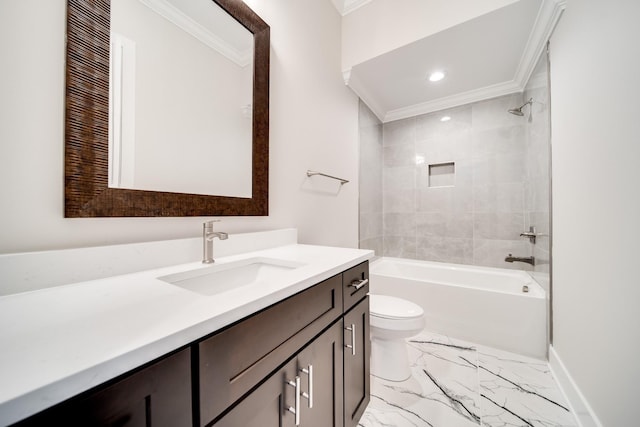 2509B Scovel St, Nashville, TN 37208 - bathroom with vanity, toilet,  shower combination, marble finish floor, and ornamental molding