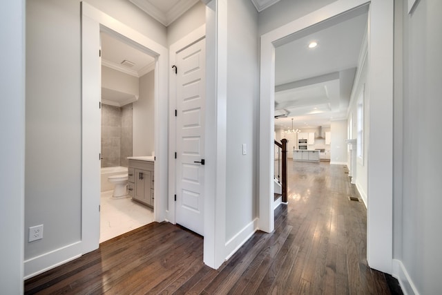 2509B Scovel St, Nashville, TN 37208 - corridor featuring crown molding, recessed lighting, baseboards, dark wood-type flooring, and visible vents