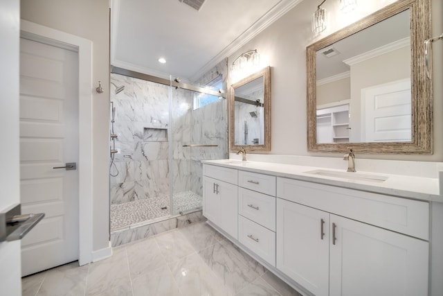 2509B Scovel St, Nashville, TN 37208 - full bathroom with a sink, a marble finish shower, crown molding, and marble finish floor