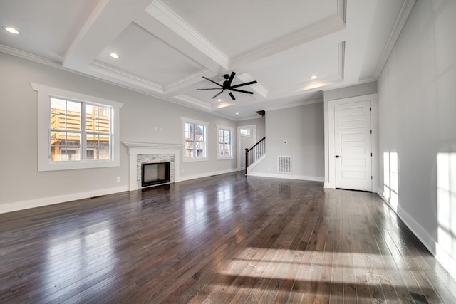 2509B Scovel St, Nashville, TN 37208 - unfurnished living room with beam ceiling, stairs, a ceiling fan, visible vents, and dark wood-style floors