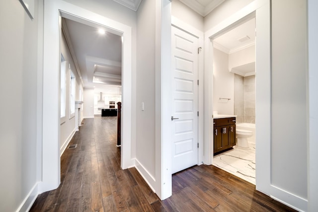 2509A Scovel St, Nashville, TN 37208 - hall featuring crown molding, baseboards, dark wood-style floors, and visible vents