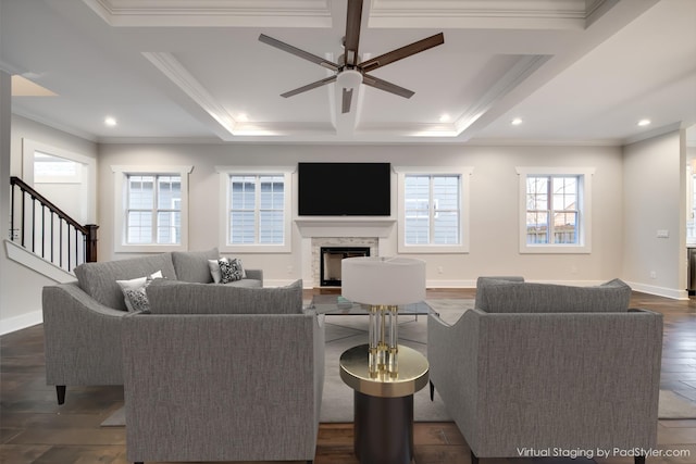 2509A Scovel St, Nashville, TN 37208 - living area featuring plenty of natural light, crown molding, coffered ceiling, and ceiling fan