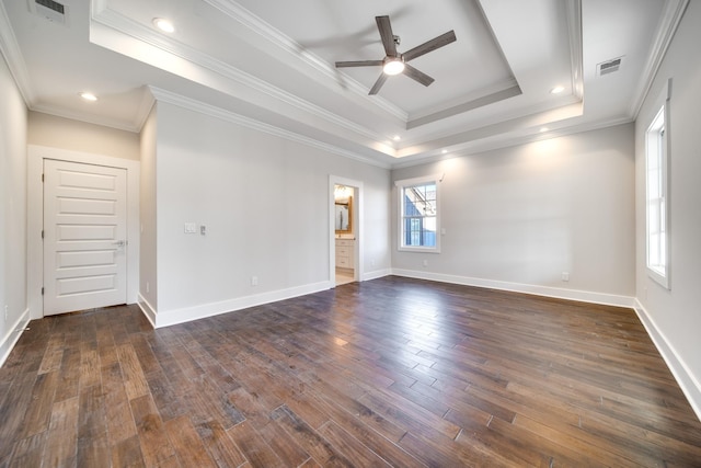 2509A Scovel St, Nashville, TN 37208 - spare room featuring a raised ceiling, ceiling fan, dark wood-style floors, and visible vents