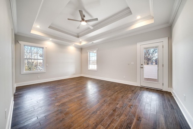 2509A Scovel St, Nashville, TN 37208 - unfurnished room with a ceiling fan, crown molding, baseboards, dark wood-style floors, and a tray ceiling
