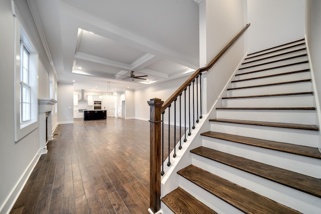 2509A Scovel St, Nashville, TN 37208 - staircase featuring baseboards, ceiling fan, wood finished floors, and a fireplace